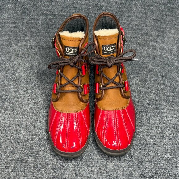 UGG Cecile Waterproof Duck Boots Women's Size 6 Brown Red Patent Leather Ankle - Picture 3 of 13